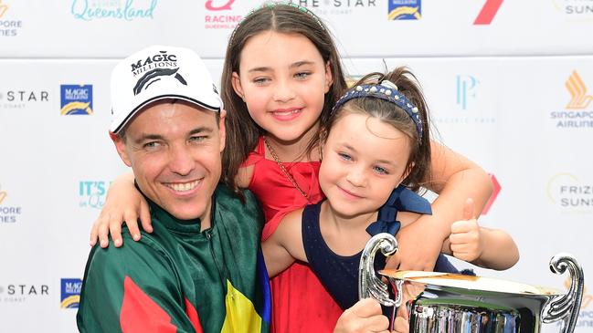 Maloney with his children, Stella and Isla, after winning on Alligator Blood. Picture: Trackside Photography