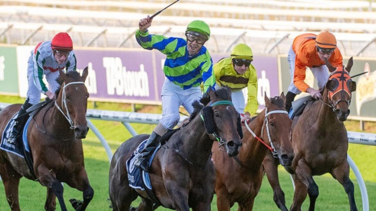 Caption: Bustler wins the 2023 Group 1 Railway Stakes at Ascot for jockey Steven Parnham and trainer Neville Parnham. Picture: Western Racepix