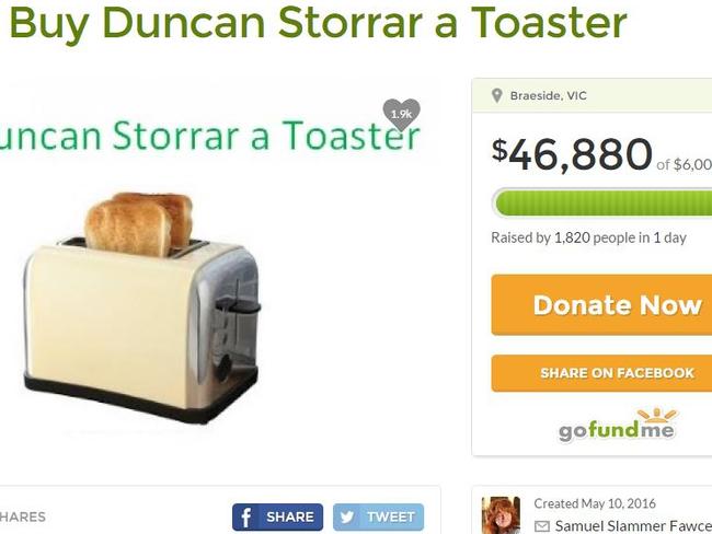 A gofundme.com campaign started for Duncan Storrar after his appearance on ABC has raised $46,880 and is still rising. This screengrab was taken at 8:20pm on May 11, 2016.
