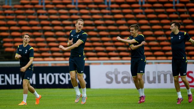 Kane warms up with teammates during a practice session at the Shah Alam Stadium ahead of a friendly match against Malaysia XI.