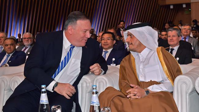 US Secretary of State Mike Pompeo and Qatar's Deputy Prime Minister and Minister of Foreign Affairs Sheikh Mohammed bin Abdulrahman al-Thani att the signing of a US-Taliban agreement in the Qatari capital of Doha in February. Picture: AFP