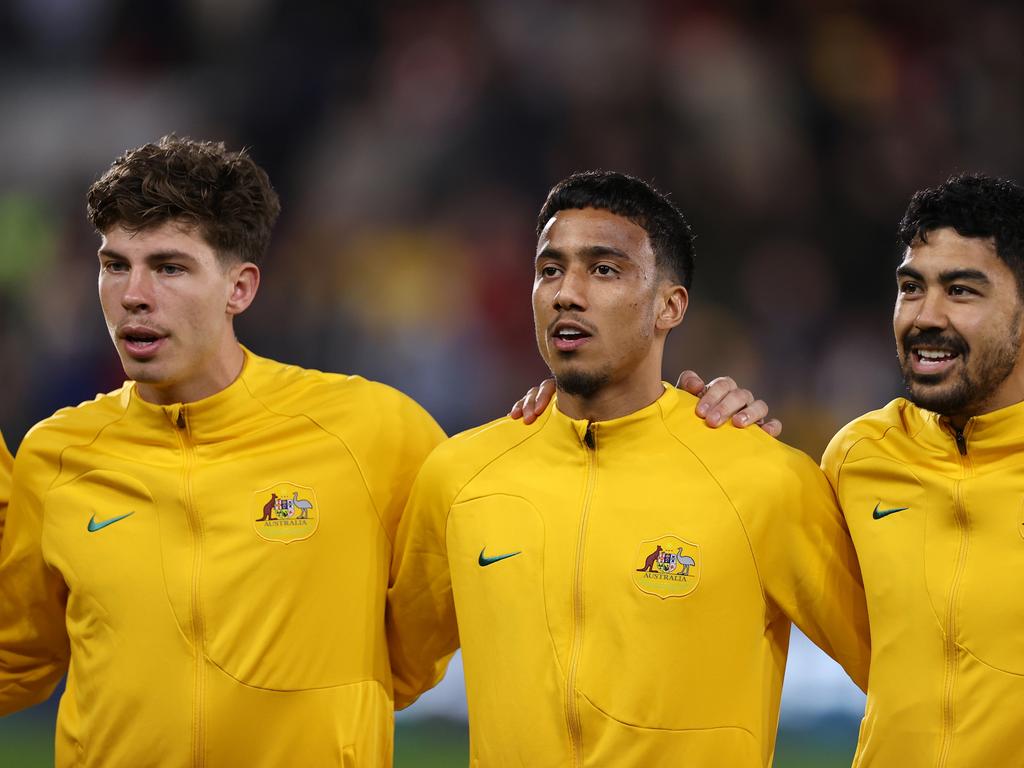 Keanu Baccus (centre) is enjoying his journey as a Socceroos. Picture: Ryan Pierse/Getty Images