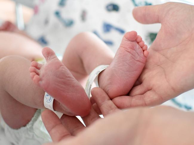 Feet of newborn baby in hospital with parents hands