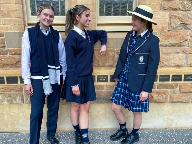 St Dominic's students in their new school uniforms. Eryn, Olivia, Jasmine . Picture: St Dominic's Priory School