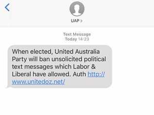 An unsolicited text message from Clive Palmer. Picture: Jarrard Potter