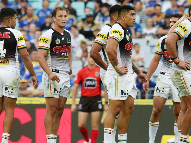 Dejected Panthers players uring the Parramatta Eels v Penrith Panthers NRL round 8 game at ANZ Stadium, Sydney Olympic Park. pic Mark Evans