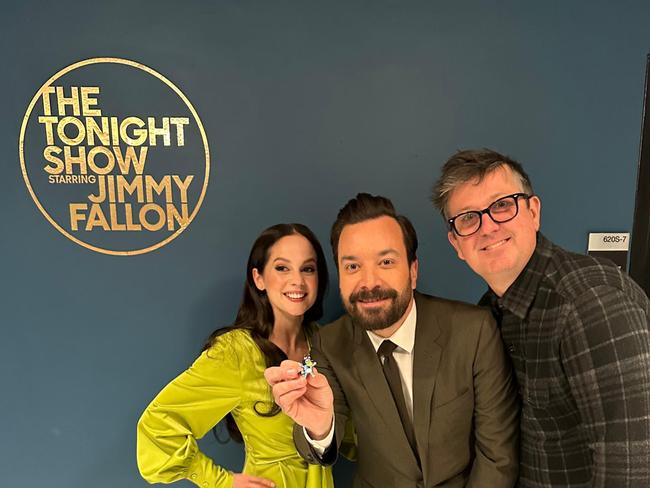 Dave McCormack and Melanie Zanetti (the voices of Bandit and Chilli from Bluey) on The Jimmy Fallon show. Picture: Supplied