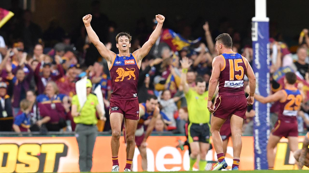 Jarryd Lyons the Lions celebrates his side’s win at full time over the Adelaide Crows in one of the best games for the season.