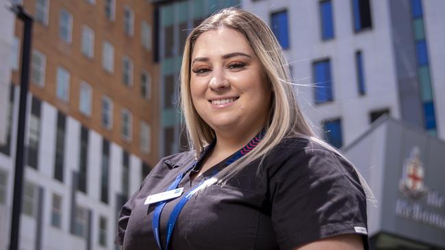 Thanks a Million Campaign nomination Katelyn Azzopardi out the front of the Royal Melbourne Hospital. She was nominated by her grandfather.Picture by Wayne Taylor 30th December 2020