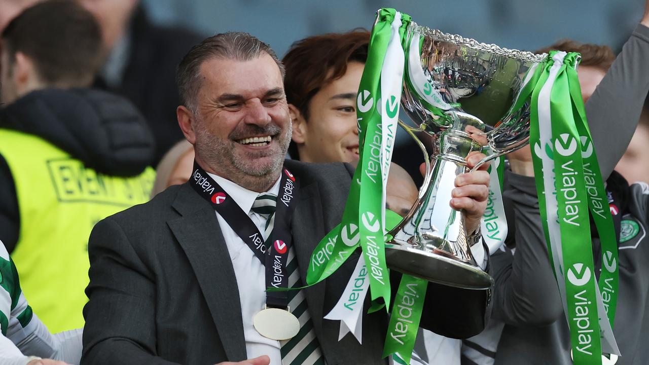 Celtic manager Ange Postecoglou lifts the Cup. Photo by Ian MacNicol/Getty Images.