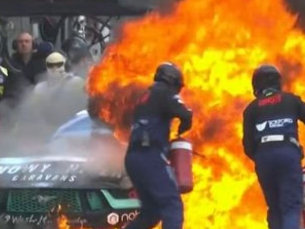 Supercars: James Courtney was luckily unharmed, despite being inside his car as it was set ablaze. Source: Fox Sports