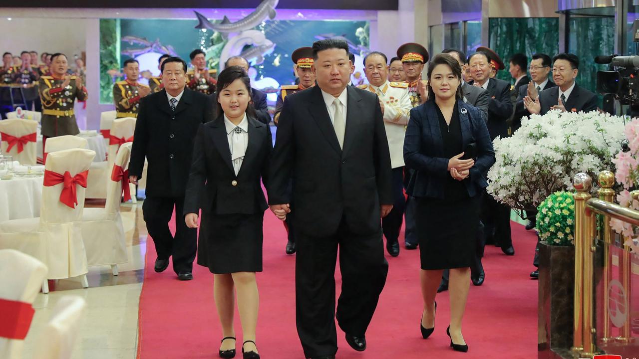 The pair at a banquet to mark the 75th anniversary of the Korean People's Army, with Mr Kim’s wife Ri Sol-Ju. Picture: KCNA via KNS/AFP