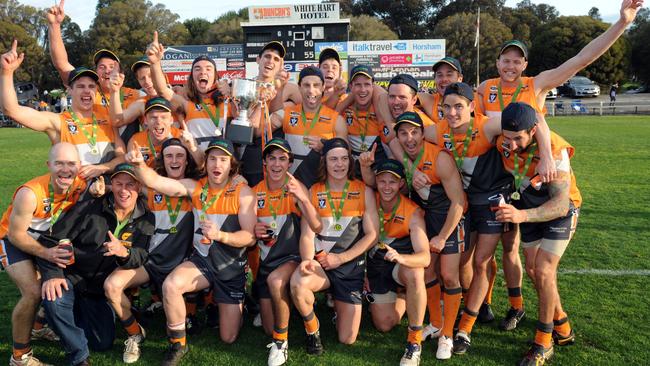 Southern Mallee Giants celebrate their 2016 Horsham District league grand final win over Harrow-Balmoral.