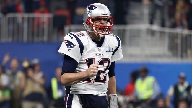 Patriots quarterback Tom Brady celebrates his teams fourth-quarter touchdown against the Los Angeles Rams. Picture: AFP