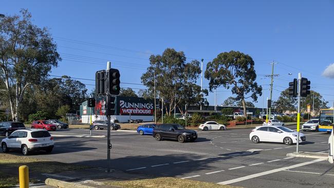 The intersection of Wecker Rd and Newnham Rd at Mount Gravatt East is getting a $14 million upgrade jointly funded by the Federal Government and Brisbane City Council, but some locals say the plan doesn’t fix the notorious right-hand turn from Bunnings Warehouse. Picture: Alex Treacy