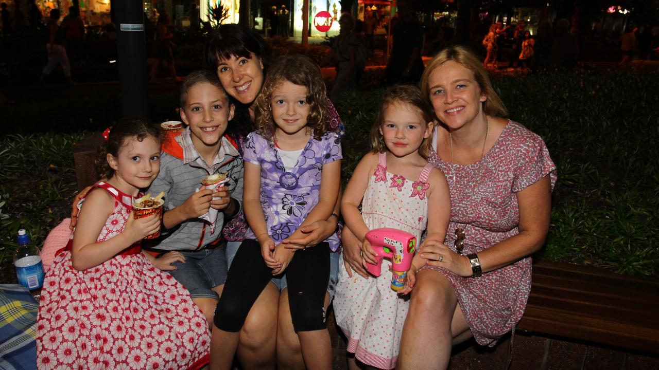 Georgia Smythe (3), Declan Smythe (7), Selina Erbacher, Phoebe Erbacher (7), Claudia Kentera (5) and Karen Kentera celebrate new years eve in 2011. Picture: Cade Mooney