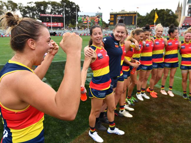 Crows midfielder Ebony Marinoff celebrates her side’s big 2019 preliminary final win over Geelong at Adelaide Oval. Picture: AAP