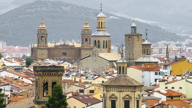 Panoramic view of Pamplona on the background of mountains. Navarre, Spain.