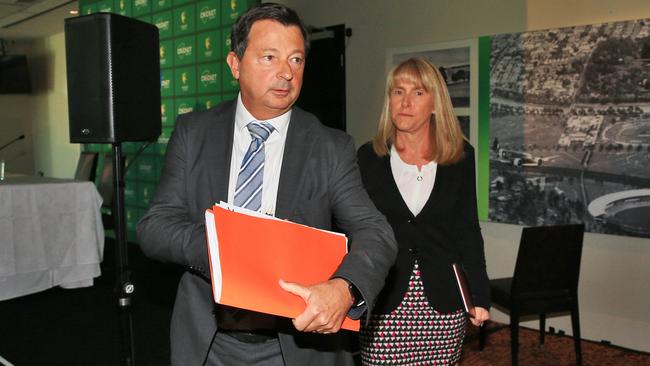 Former Cricket Australia chairman David Peever with chair of the review sub-committee Jacquie Hey. Picture: Aaron Francis