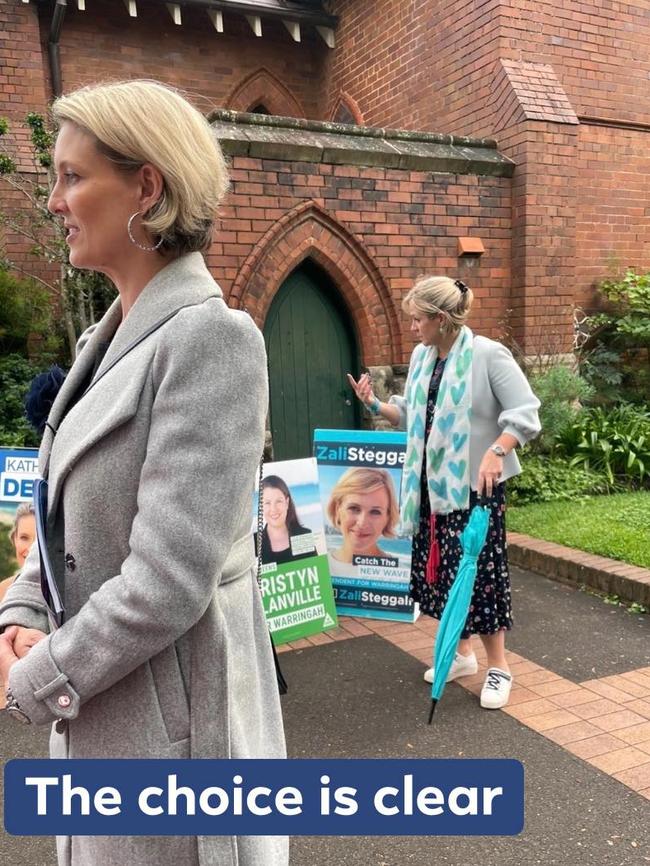 Another of Katherine Deves’ social media posts shows Steggall leaving a venue while the Liberal candidate continues to chat to a supporter.