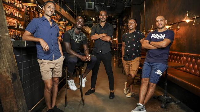 Former Adelaide United foreign players Cristiano, Marcelo Carrusca, Marcos Flores Cassio and Gyawe Jonas Salley at Bank Street Social in February. Picture: AAP/Mike Burton