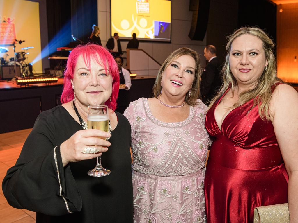 At the Business disAbility Awards of Australia are (from left) Claire Torkington, Angela Brown and Ashlea McNellee at Edmund Rice Cultural Centre, Saturday, May 17, 2025. Picture: Kevin Farmer