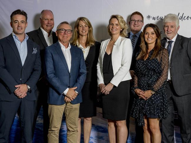 The board of Major Events Gold Coast: Clark Kirby, Mark Peters, Michael Coe, Peta Fielding, Jessica Norris, Geoff Hogg, Jackie Cross and Darryl Kelly. Greg Jenke is absent. Picture: Jerad Williams