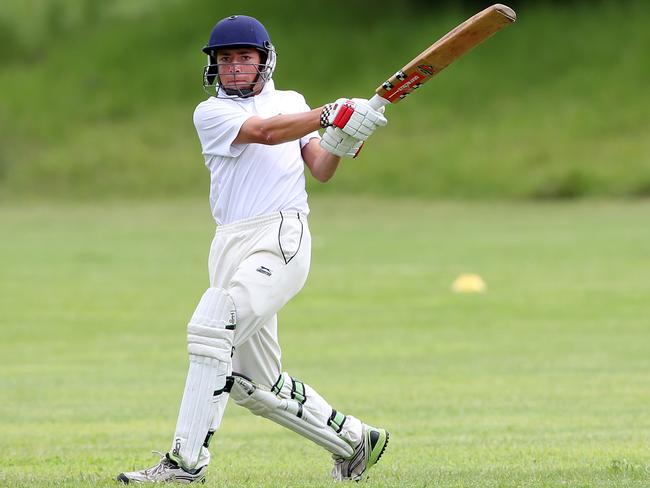 Sam Smillie batting during the under 15 Div 2 Junior cricket grand final between Cobbitty Narellan v Collegians at Stromferry Oval, St Andrews. Picture: Jonathan Ng