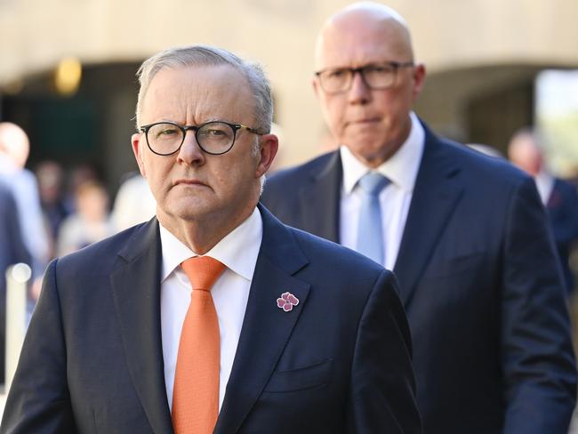 CANBERRA, AUSTRALIA  - NewsWire Photos - February 3, 2025:  Prime Minister Anthony Albanese and Leader of the Opposition Peter Dutton during the last post ceremony at the Australian War Memorial in Canberra. Picture: NewsWire / Martin Ollman