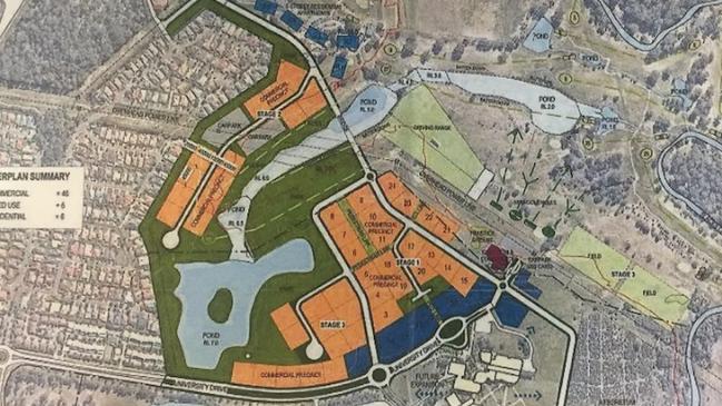 A Logan City Council Master Plan map showing plans to use golf course land for residential and office developments.