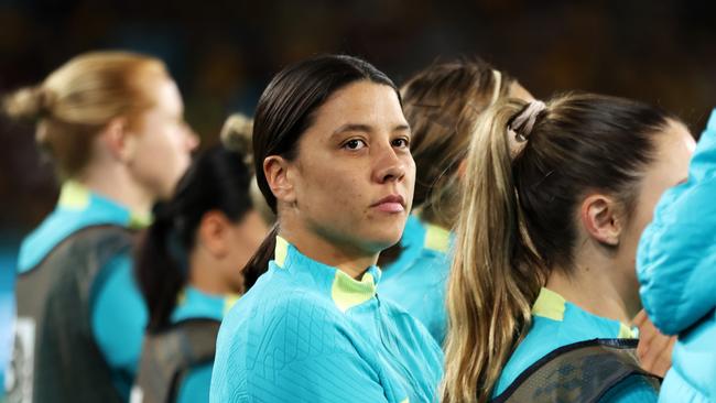 SYDNEY, AUSTRALIA - AUGUST 07: Sam Kerr of Australia is seen prior to the FIFA Women's World Cup Australia &amp; New Zealand 2023 Round of 16 match between Australia and Denmark at Stadium Australia on August 07, 2023 in Sydney, Australia. (Photo by Cameron Spencer/Getty Images)