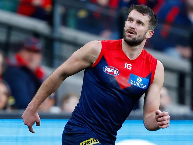 MELBOURNE, AUSTRALIA - AUGUST 20: Joel Smith of the Demons celebrates a goal during the 2023 AFL Round 23 match between the Melbourne Demons and the Hawthorn Hawks at Melbourne Cricket Ground on August 20, 2023 in Melbourne, Australia. (Photo by Dylan Burns/AFL Photos)