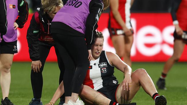 Erin McKinnon was subbed out of the game after a tackle from Georgie Prespakis. Picture: Daniel Pockett/Getty Images