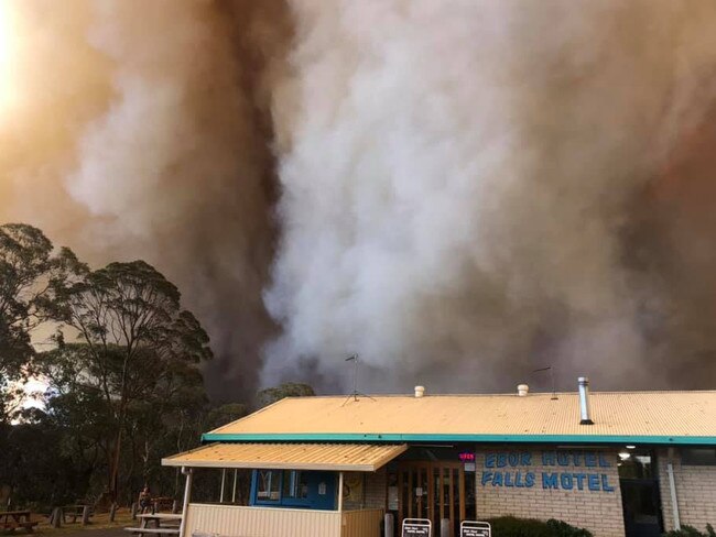 The Ebor blaze threatened the Ebor Falls Hotel Motel and ripped through over 3500ha before it was doused Picture: Supplied.