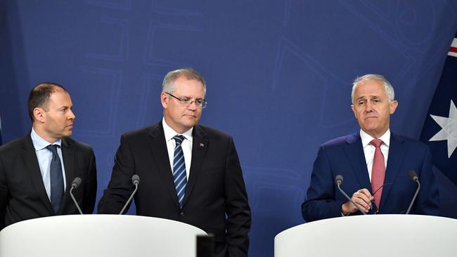 Josh Frydenberg, Scott Morrison and Malcolm Turnbull at a press conference in Sydney today. Picture: AAP.