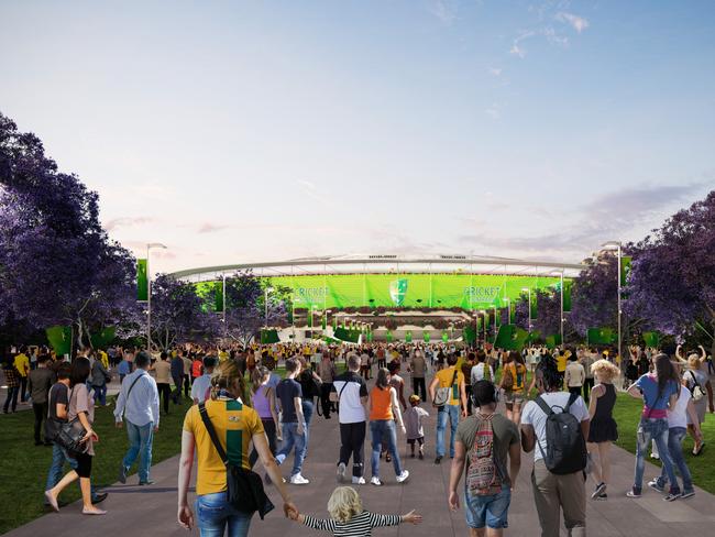 An artist impression of the north eastern view as a major revitalisation of Woolloongabba and The Gabba Stadium is announced ahead of the Brisbane 2032 Olympic Games. Supplied.