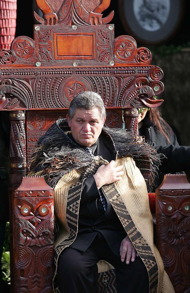 Maori King Tuheitia Paki sits on the carved wooden throne during his coronation ceremony at Turangawaewae in Ngaruawahia, south of Auckland, 21 August 2006. Picture: AFP