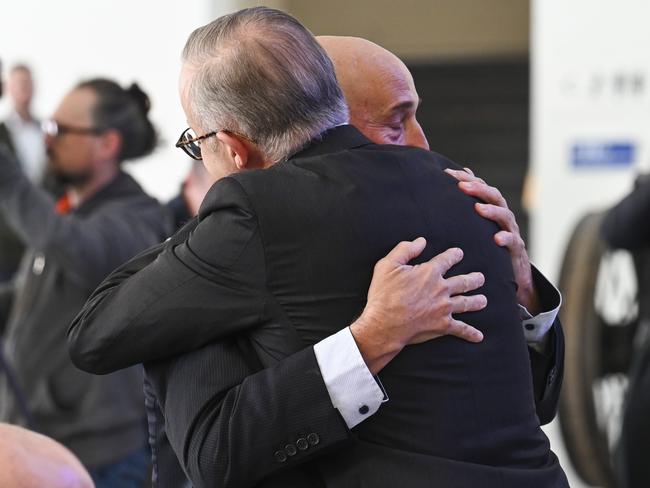 CANBERRA, AUSTRALIA, NewsWire Photos. JUNE 15, 2023: Prime Minister Anthony Albanese embraces Walter Mikac at the National Museum of Australia to mark the museum's acquisition of letters between then Prime Minister John Howard and Walter Mikac following the death of Mr Mikac's wife, Nanette, and their two young daughters, Alannah and Madeline in the Port Arthur massacre at the National Museum of Australia in Canberra. Picture: NCA NewsWire / Martin Ollman