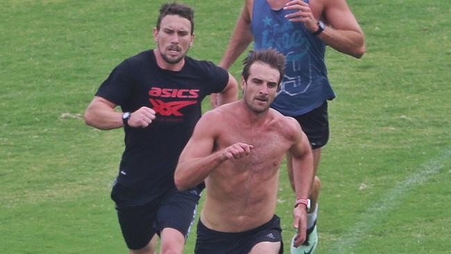 Jobe Watson and Heath Hocking train after being banned. Picture: Hamish Blair