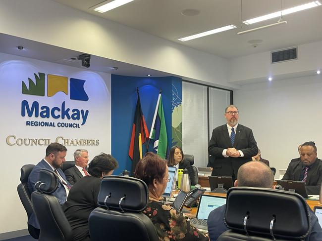 First meeting of the Mackay Regional Council in 2024, with newly elected councillor George Christensen speaking on April 11. Photo: Zoe Devenport
