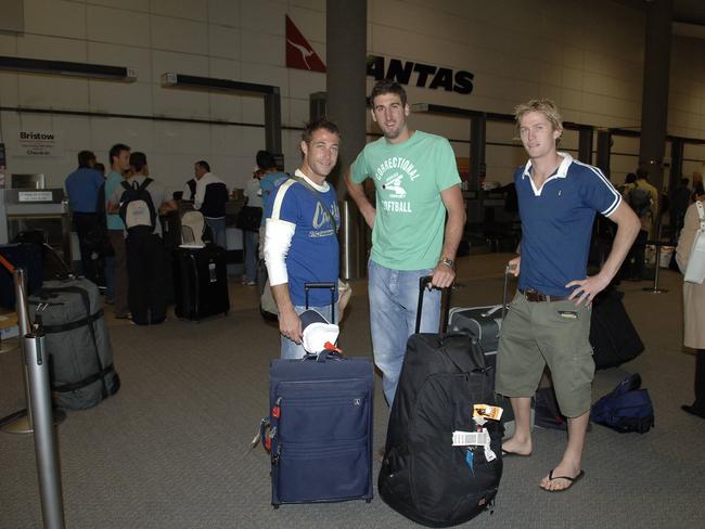 West Coast Eagles footballers Chad Fletcher, Dean Cox and Adam Selwood at Perth Airport for their end of year trip to Las Vegas in 2006.