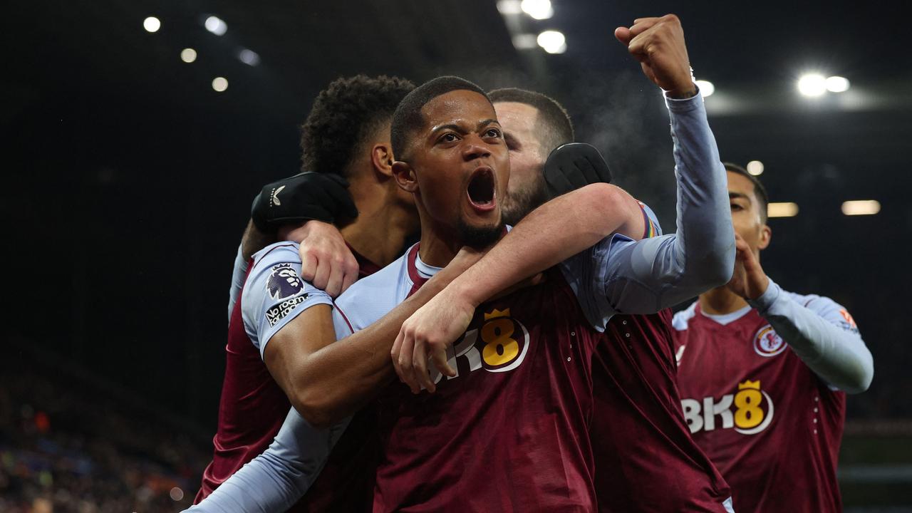 Leon Bailey celebrates scoring for Aston Villa against Manchester City. (Photo by Adrian DENNIS / AFP)