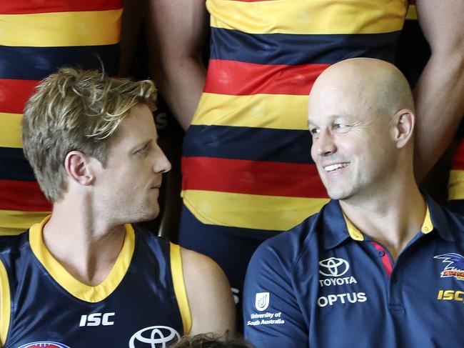 AFL - Adelaide Crows official photo day at the West Lakes Club Rooms. Players get put into position with captain Rory Sloane and New Coach Matthew Nicks front and centre - . Picture SARAH REED