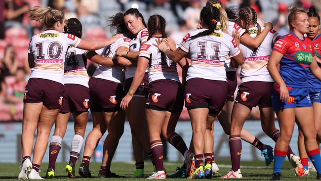 Chelsea Lenarduzzi of the Broncos celebrates a try. Picture: Scott Gardiner/Getty Images