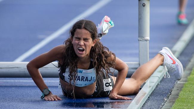 Summer Sivaraj from Wahroonga crashed in the steeplechase but got up and finished.