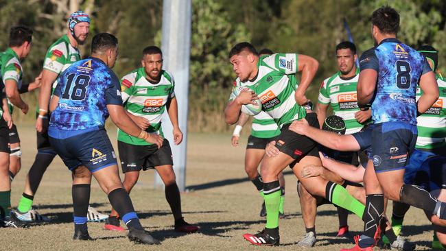 Gold Coast District Rugby Union (GCDRU) first grade clash between Helensvale Hogs (Blue) and Palm Beach Currumbin Alleygators (Green). Match Played at Helensvale. Doryaan Hape Apiata Pic Mike Batterham