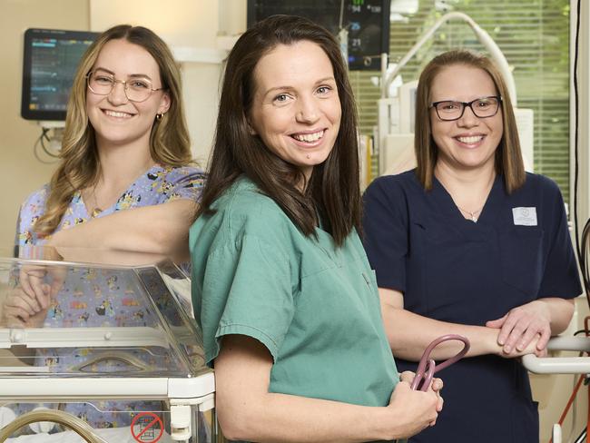 Nurse, Rebekah Blacket with Dr Kathryn Martinello, and Sarah Wauchope at Flinders Medical Centre in Bedford Park, where they save premature babies every day, Tuesday, Oct. 31, 2023. Picture: Matt Loxton