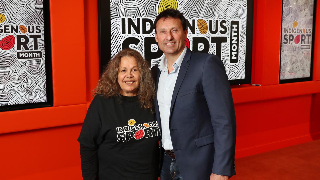 Aunty Anne Weldon and Laurie Daley at the launch of News Corp’s Indigenous Sport Month. Picture: Richard Dobson