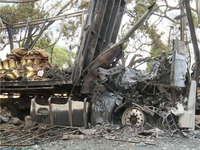 MUST CREDIT - A truckie has been killed in a fiery crash near SA-VIC border. The victim's rig slammed into another truck waiting to reach a COVID checkpoint near Bordertown. There are claims there weren't enough police officers at the border, leading to queues. Picture NINE NEWS