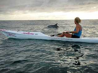 Kirsty Holmes paddling with a dolphin. Picture: Contributed